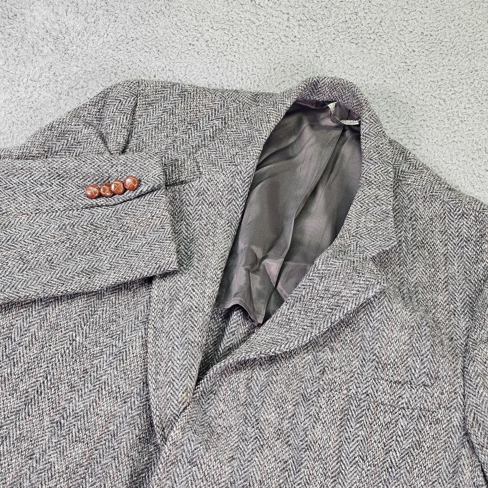Vintage Harris Tweed Sport‎ Coat Mens Large Gray Herringbone Wool USA B Altman